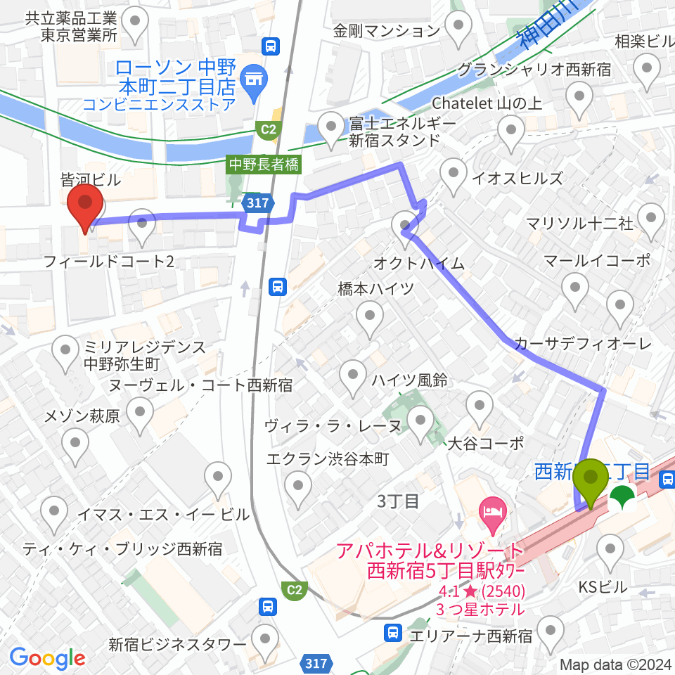 ロックフォード MELODIA Tokyoの最寄駅西新宿五丁目駅からの徒歩ルート（約7分）地図