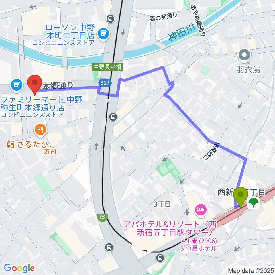 ロックフォード MELODIA Tokyoの最寄駅西新宿五丁目駅からの徒歩ルート（約7分）地図