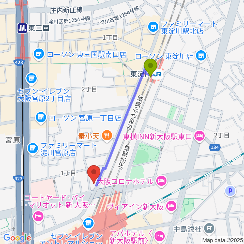 東淀川駅からモリタギター教室へのルートマップ地図