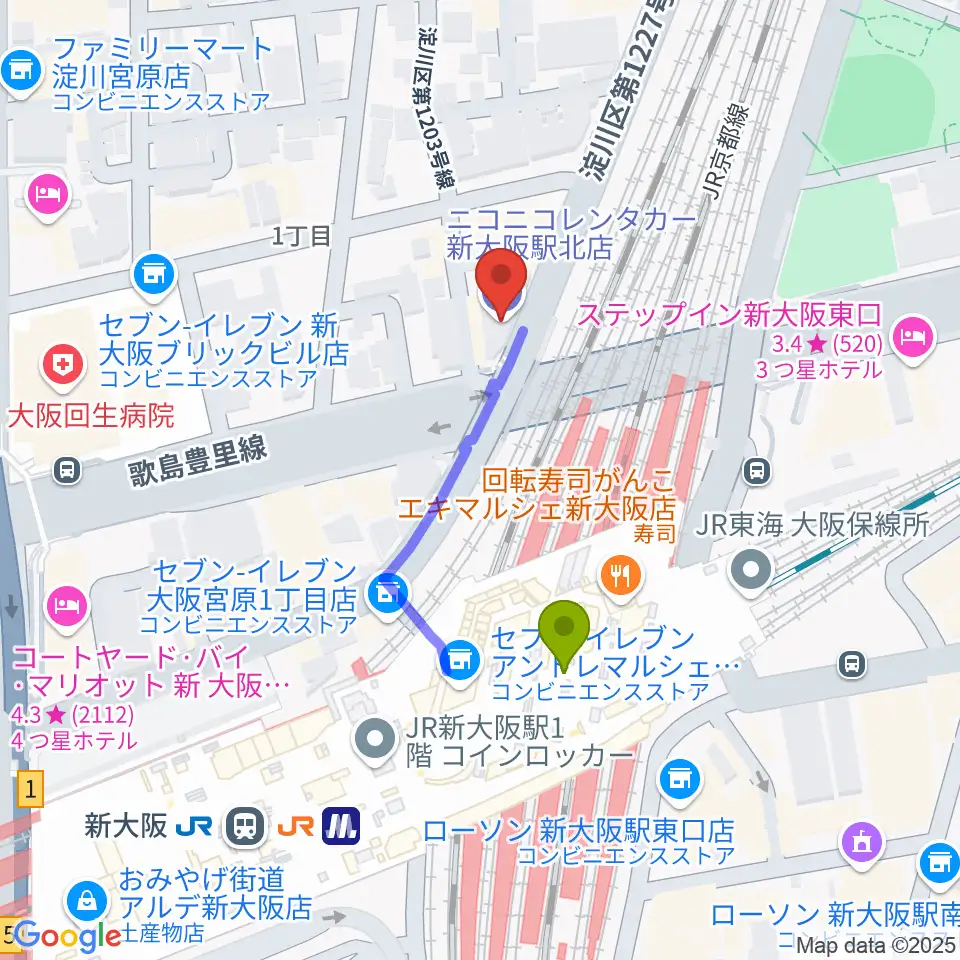 モリタギター教室の最寄駅新大阪駅からの徒歩ルート（約3分）地図