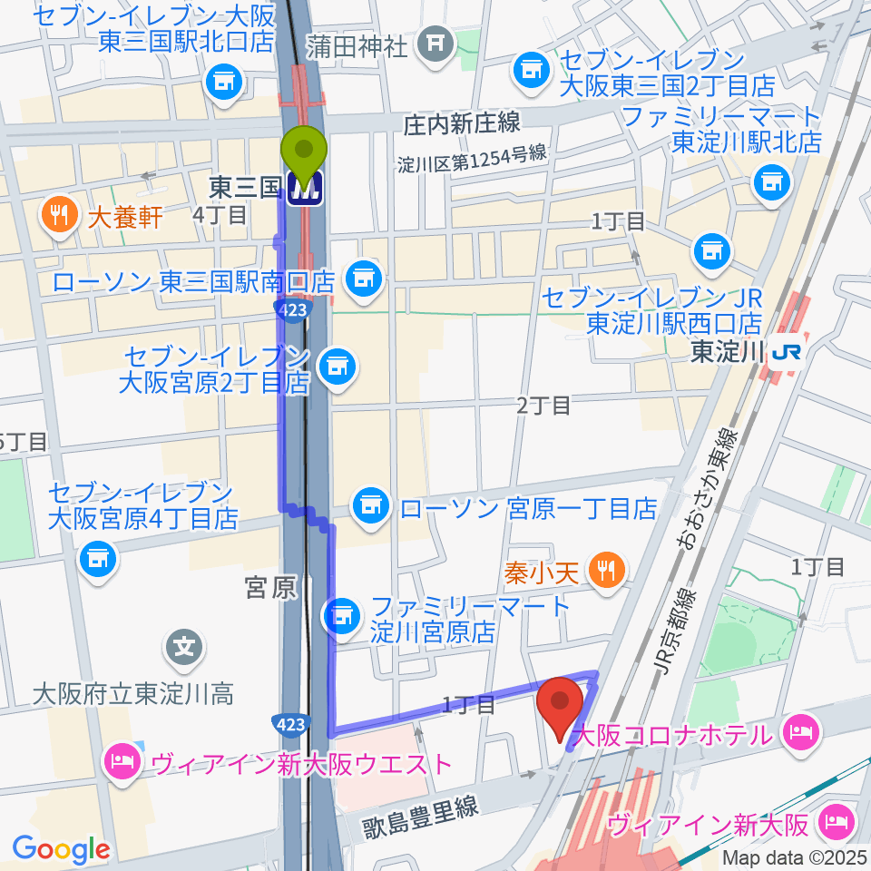 東三国駅からモリタギター教室へのルートマップ地図