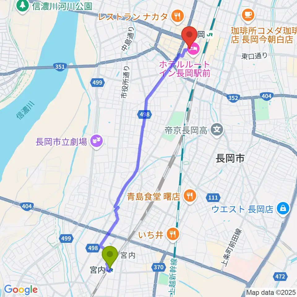 宮内駅からアオーレ長岡へのルートマップ地図