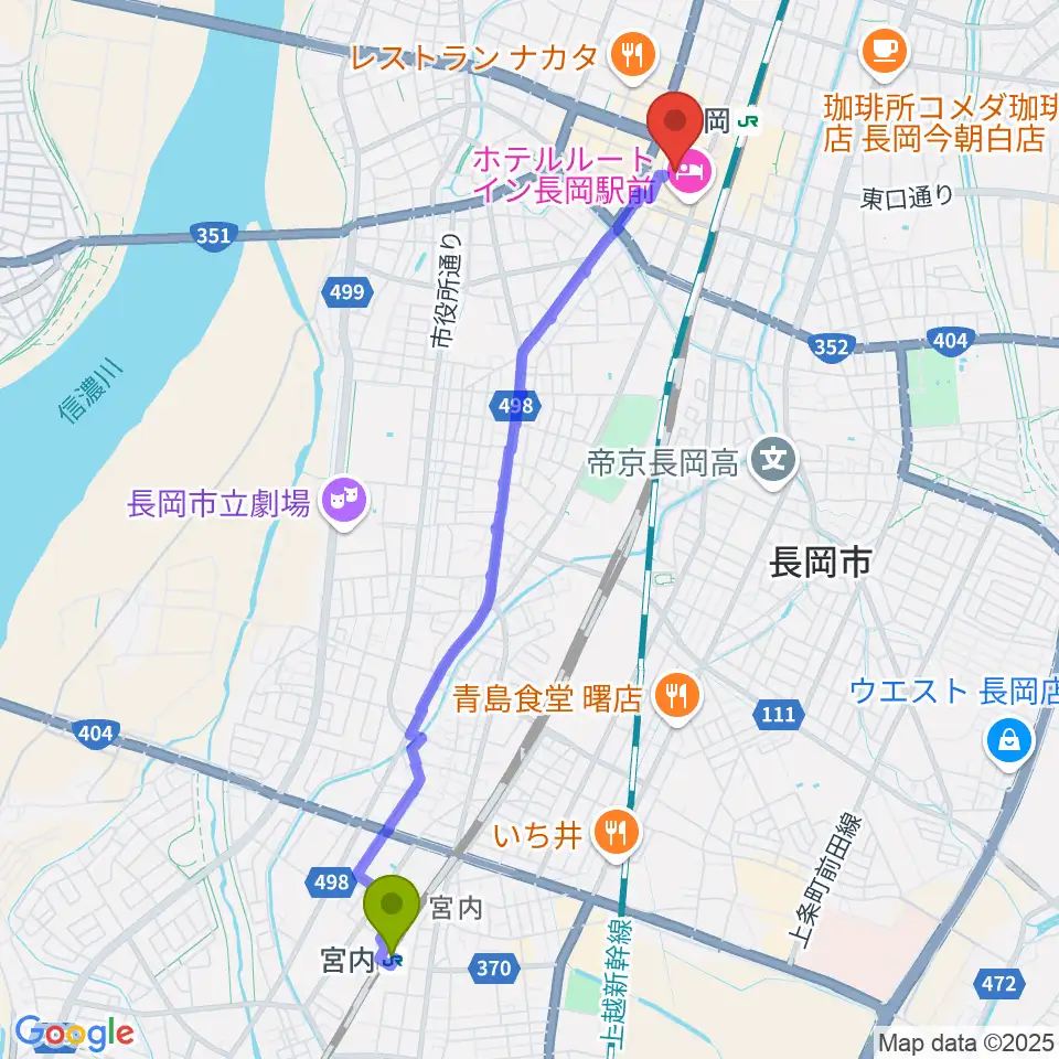 宮内駅からアオーレ長岡へのルートマップ地図