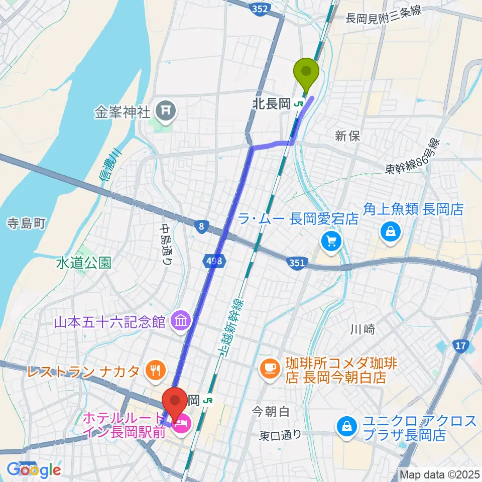 北長岡駅からアオーレ長岡へのルートマップ地図