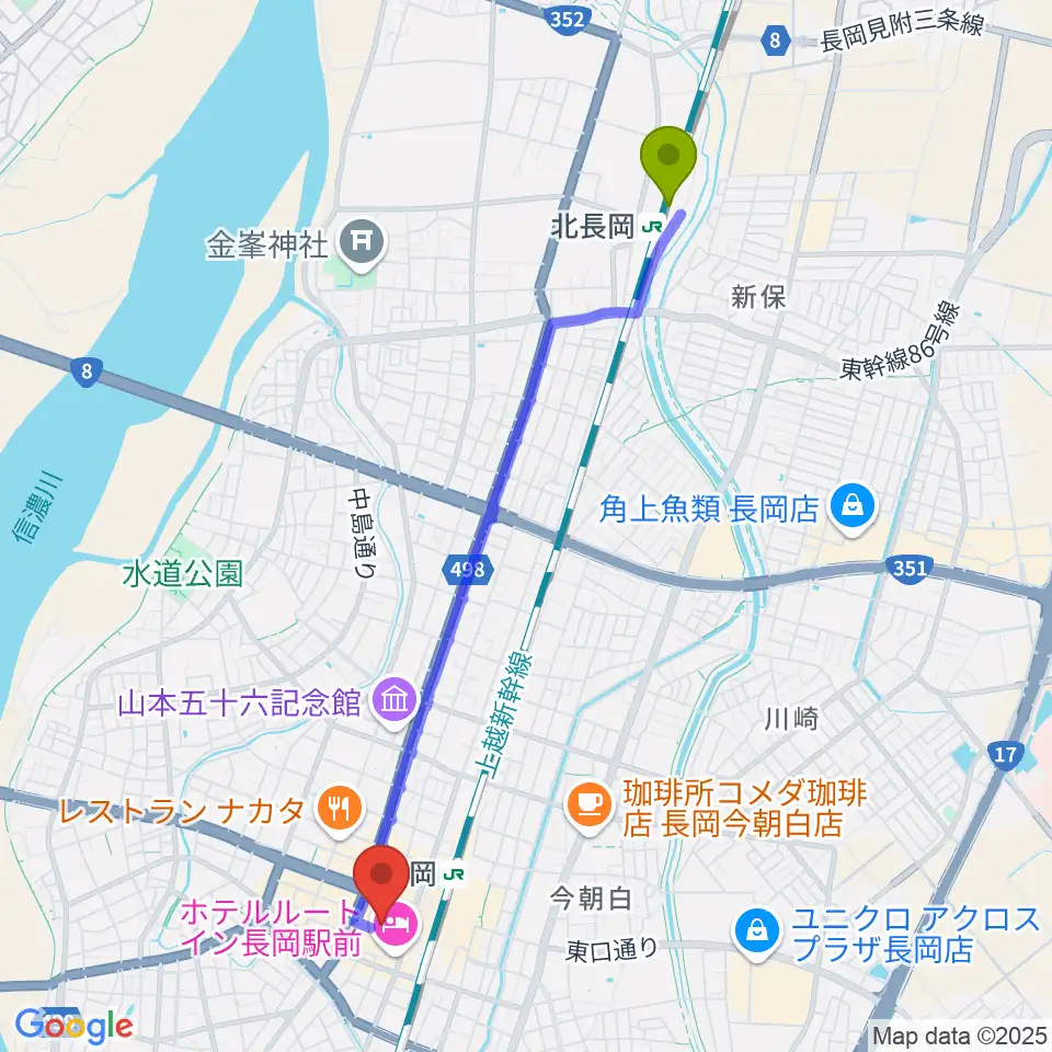 北長岡駅からアオーレ長岡へのルートマップ地図