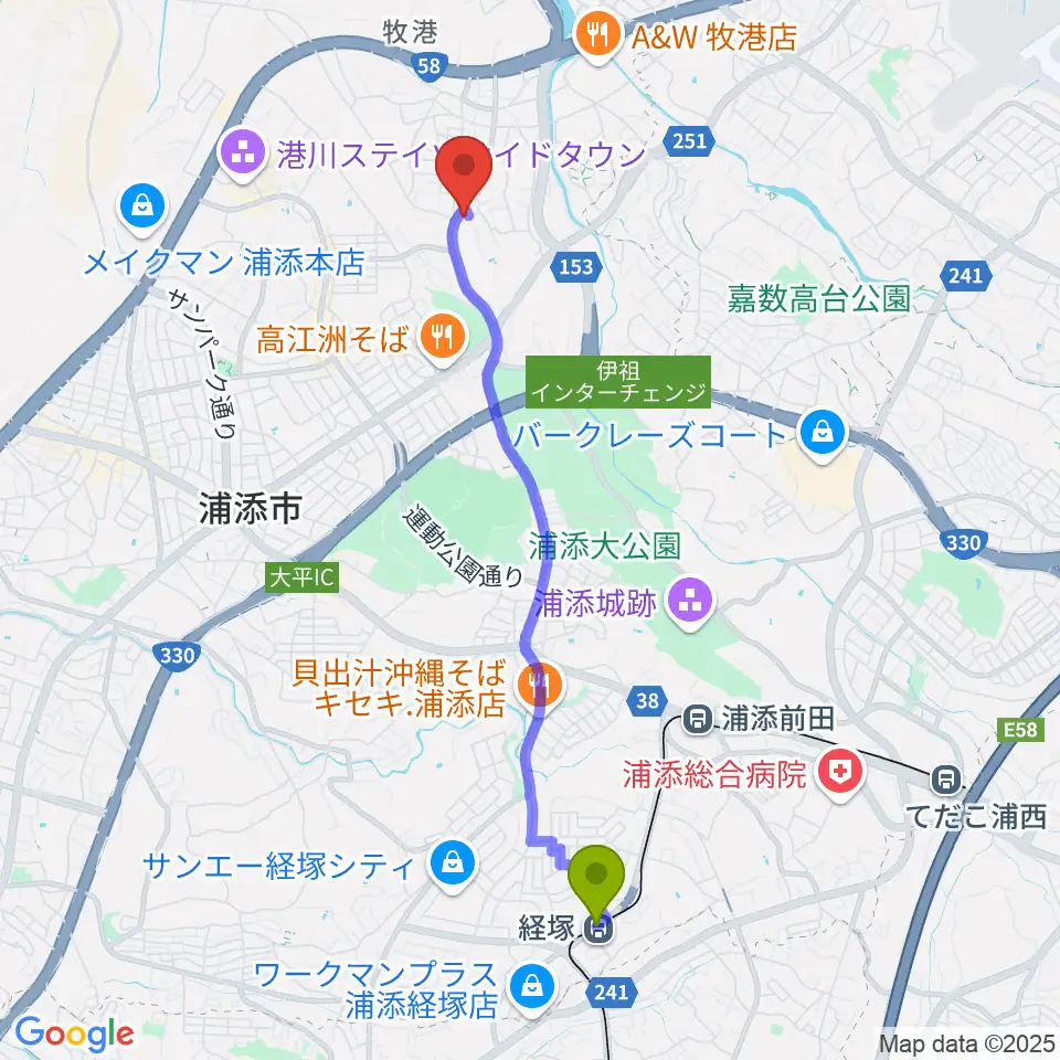 経塚駅からこすもすピアノ教室へのルートマップ地図