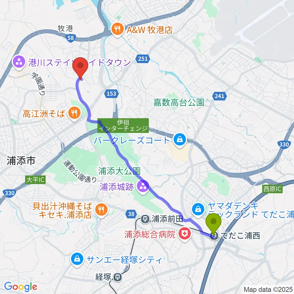 てだこ浦西駅からこすもすピアノ教室へのルートマップ地図
