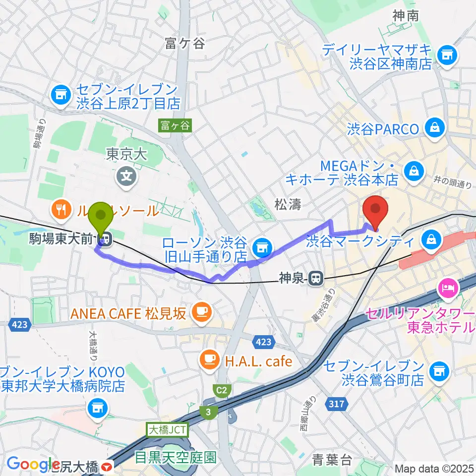 駒場東大前駅からスタジオ映音空間 渋谷スタジオへのルートマップ地図