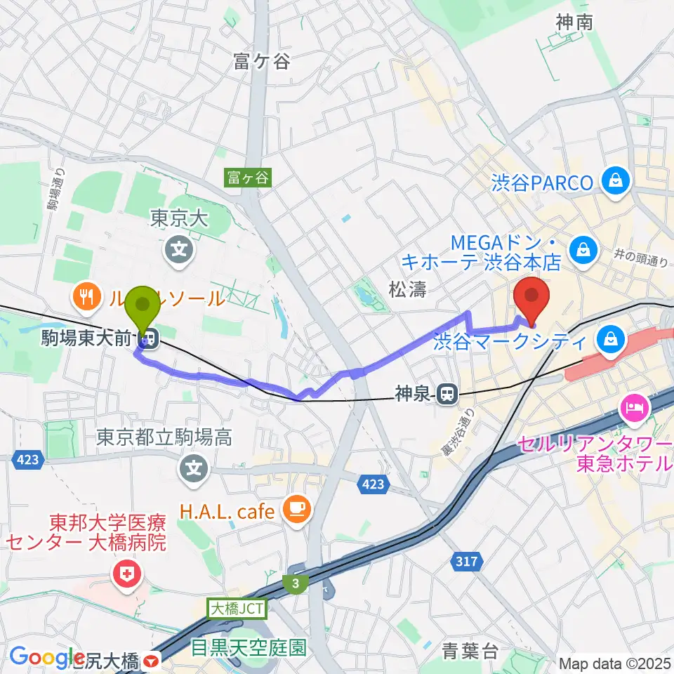 駒場東大前駅からスタジオ映音空間 渋谷スタジオへのルートマップ地図