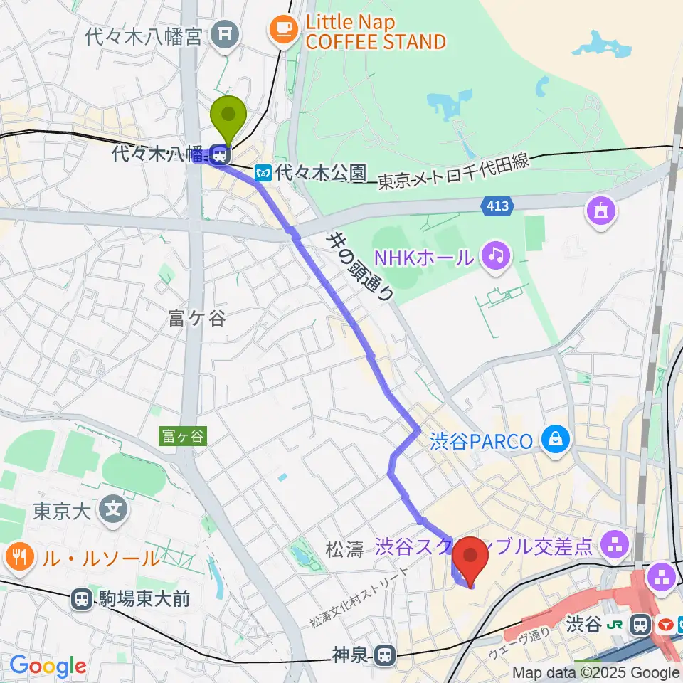 代々木八幡駅からスタジオ映音空間 渋谷スタジオへのルートマップ地図