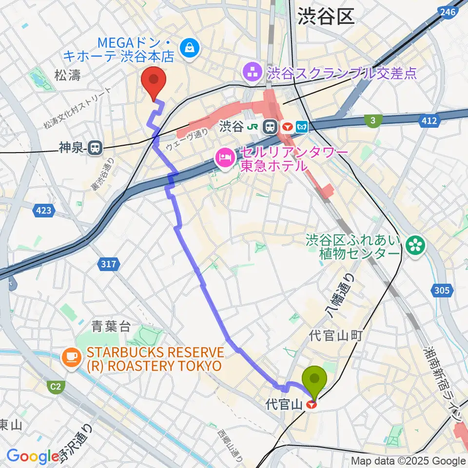 代官山駅からスタジオ映音空間 渋谷スタジオへのルートマップ地図