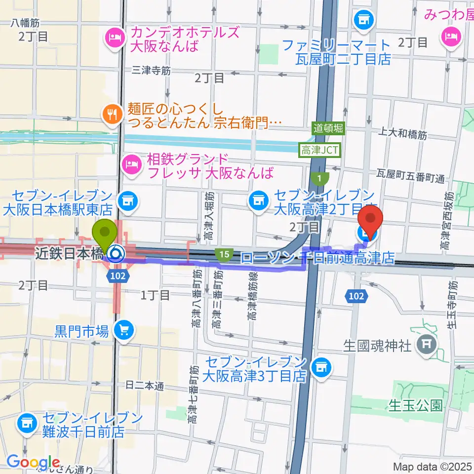 近鉄日本橋駅からSTARBOXへのルートマップ地図