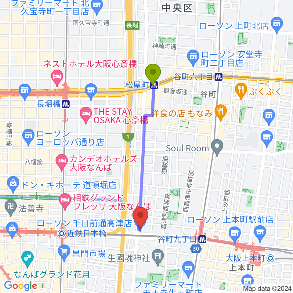 松屋町駅からSTARBOXへのルートマップ地図