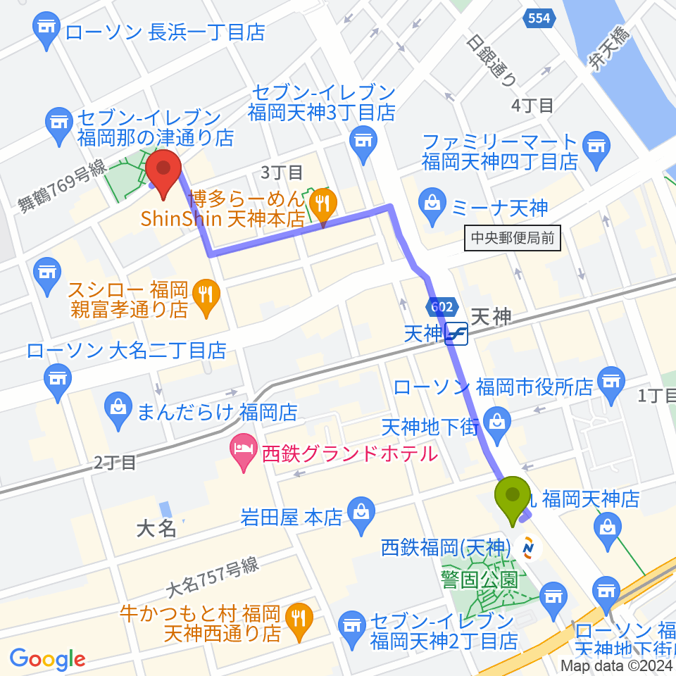 西鉄福岡（天神）駅から福岡DRUM SONへのルートマップ地図