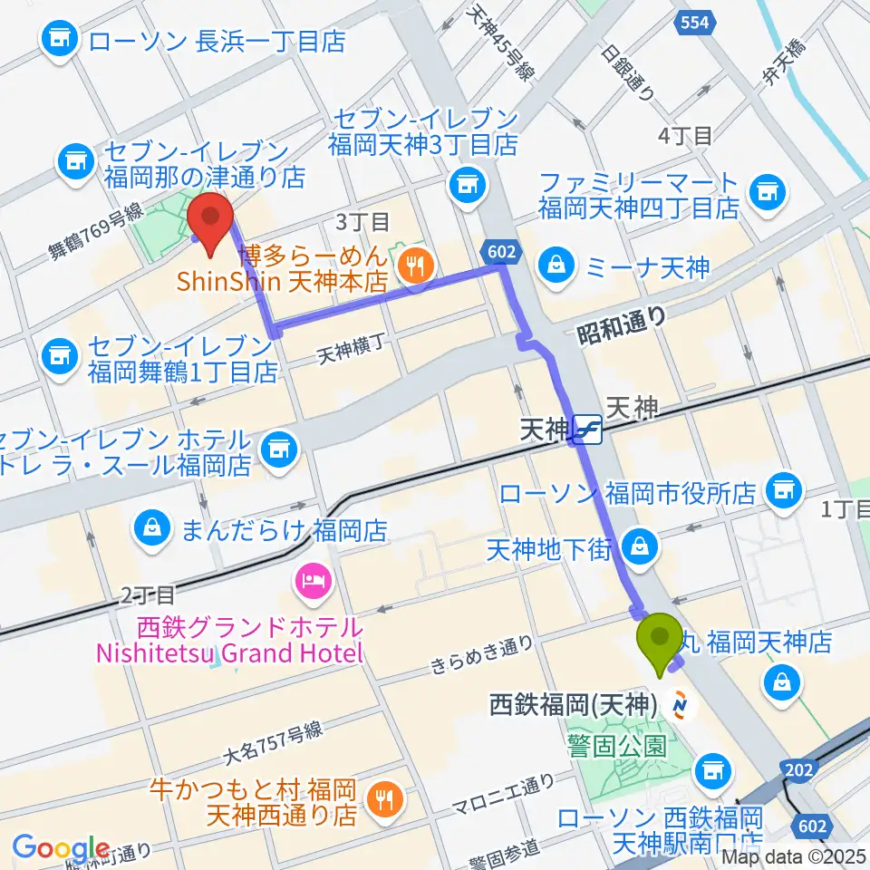 西鉄福岡（天神）駅から福岡DRUM SONへのルートマップ地図