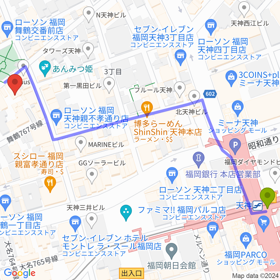 福岡DRUM SONの最寄駅天神駅からの徒歩ルート（約8分）地図