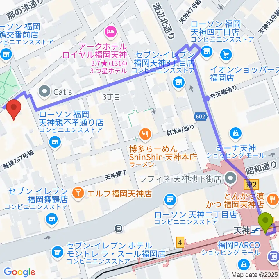 福岡DRUM SONの最寄駅天神駅からの徒歩ルート（約8分）地図