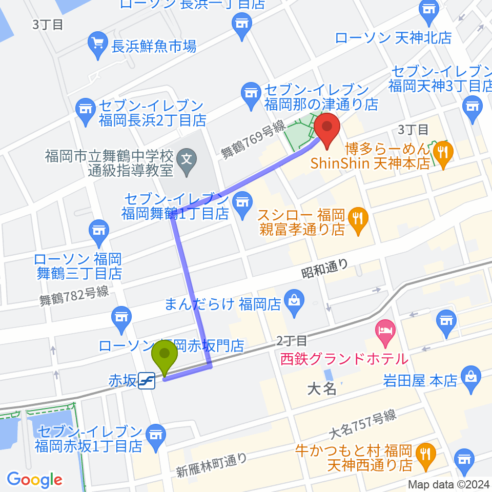 赤坂駅から福岡DRUM SONへのルートマップ地図