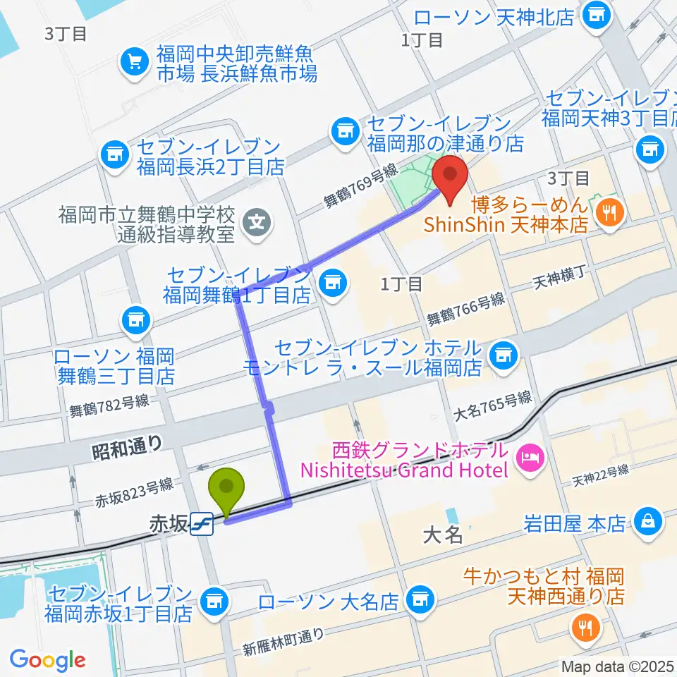 赤坂駅から福岡DRUM SONへのルートマップ地図
