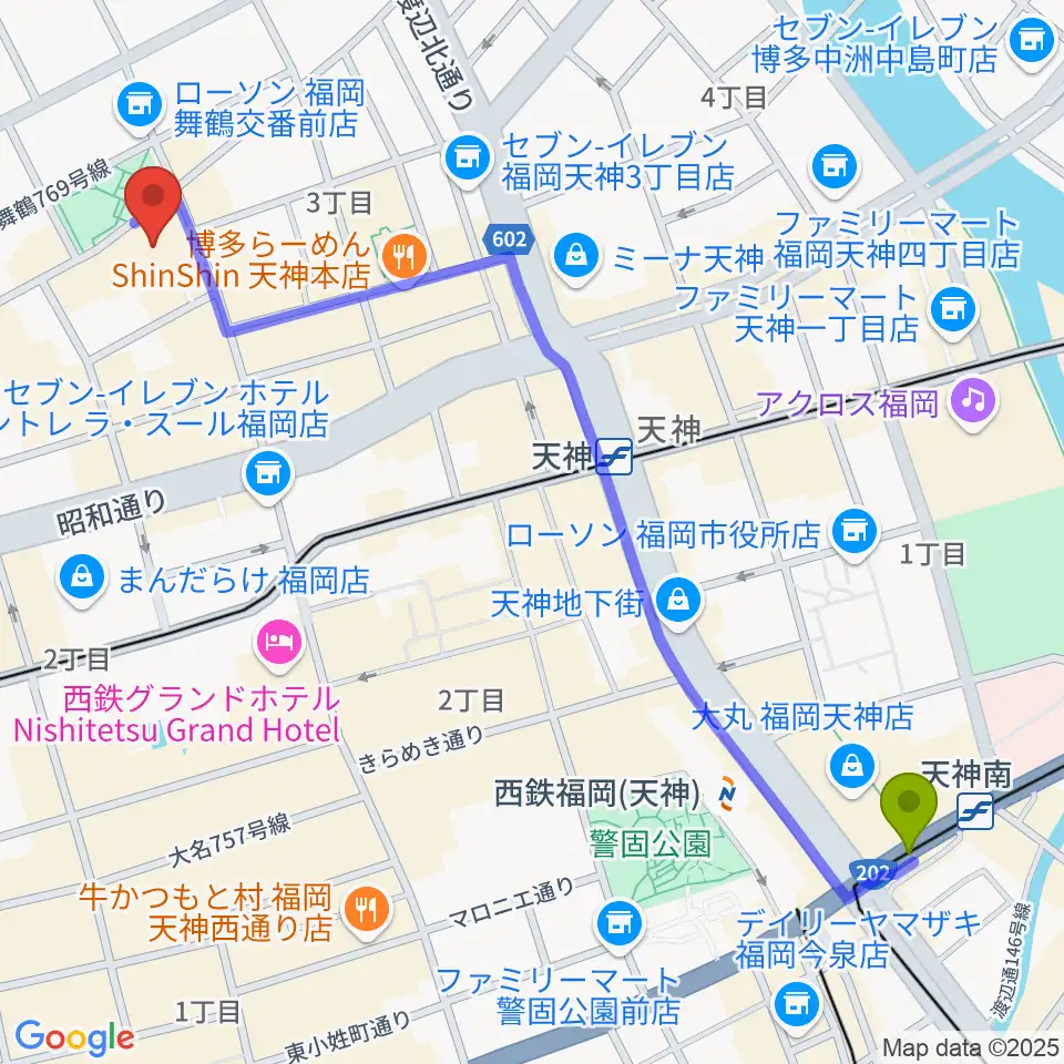 天神南駅から福岡DRUM SONへのルートマップ地図