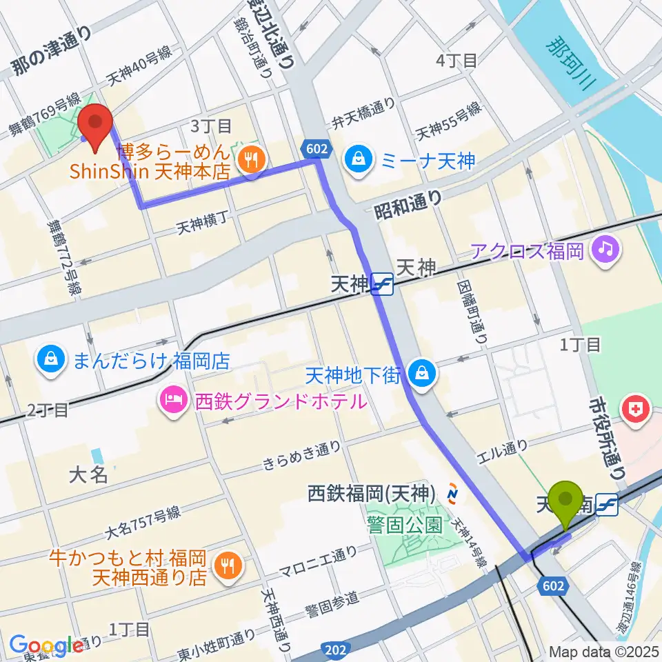 天神南駅から福岡DRUM SONへのルートマップ地図