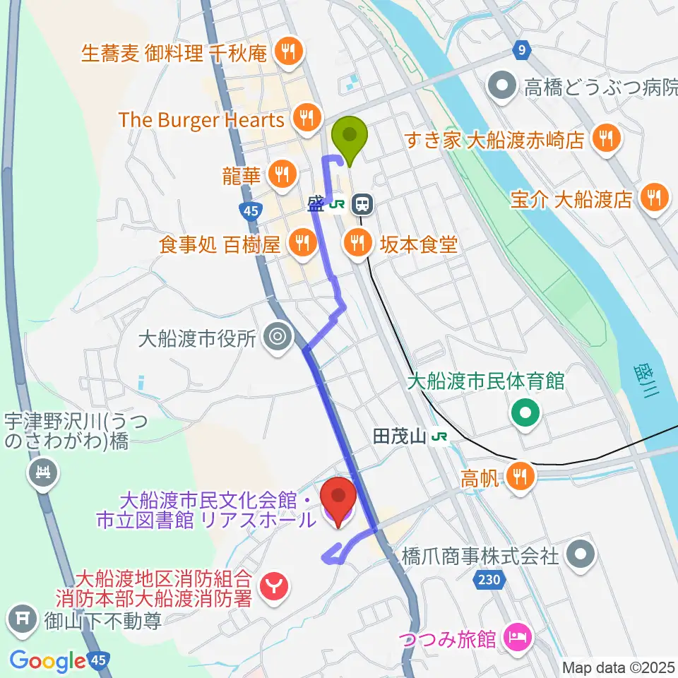 盛駅からリアスホールへのルートマップ地図