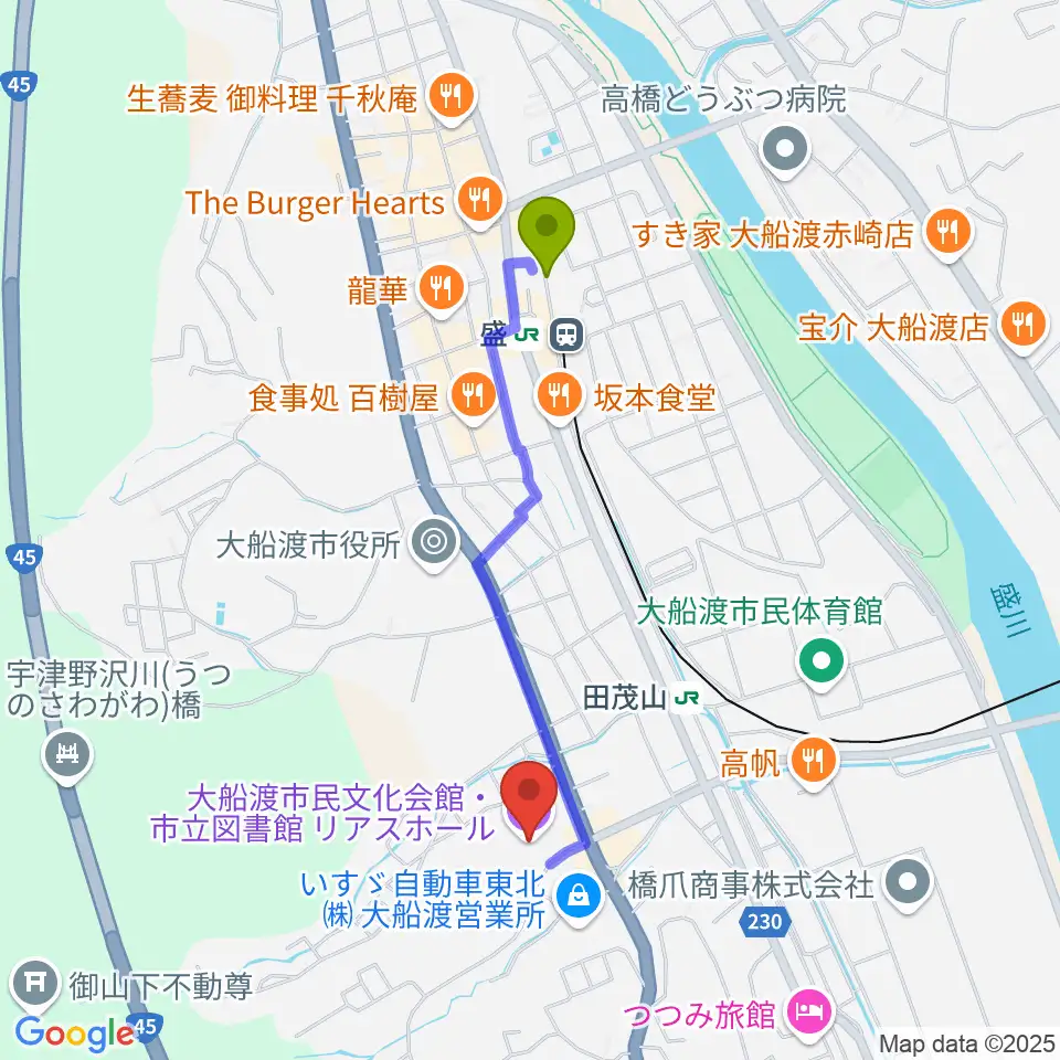 盛駅からリアスホールへのルートマップ地図