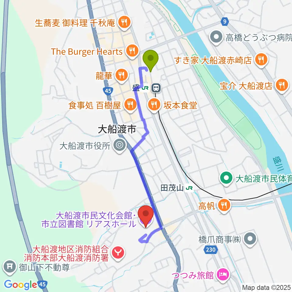 盛駅からリアスホールへのルートマップ地図