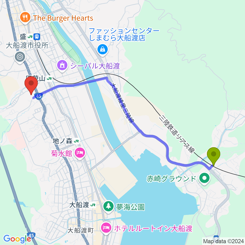 リアスホールの最寄駅陸前赤崎駅からの徒歩ルート（約47分）地図