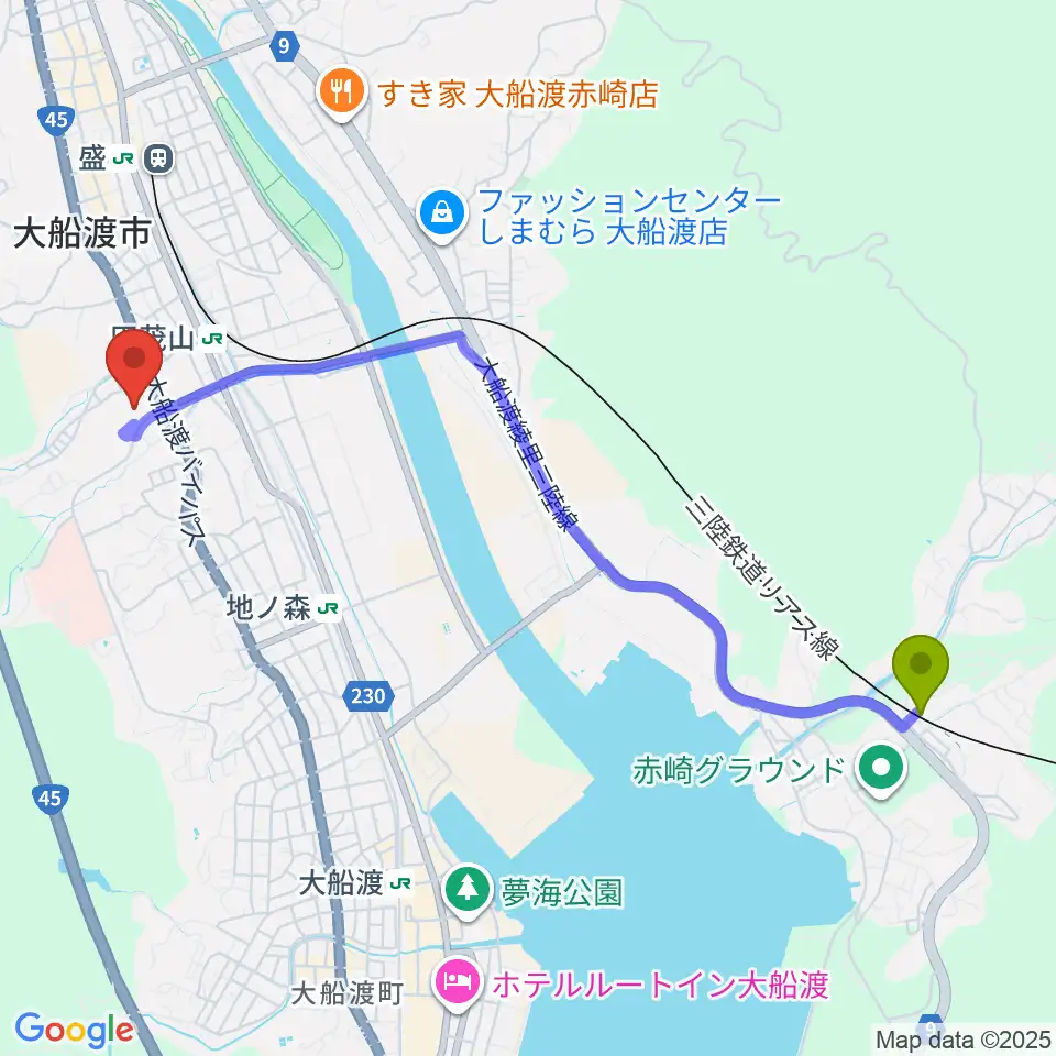 リアスホールの最寄駅陸前赤崎駅からの徒歩ルート（約47分）地図