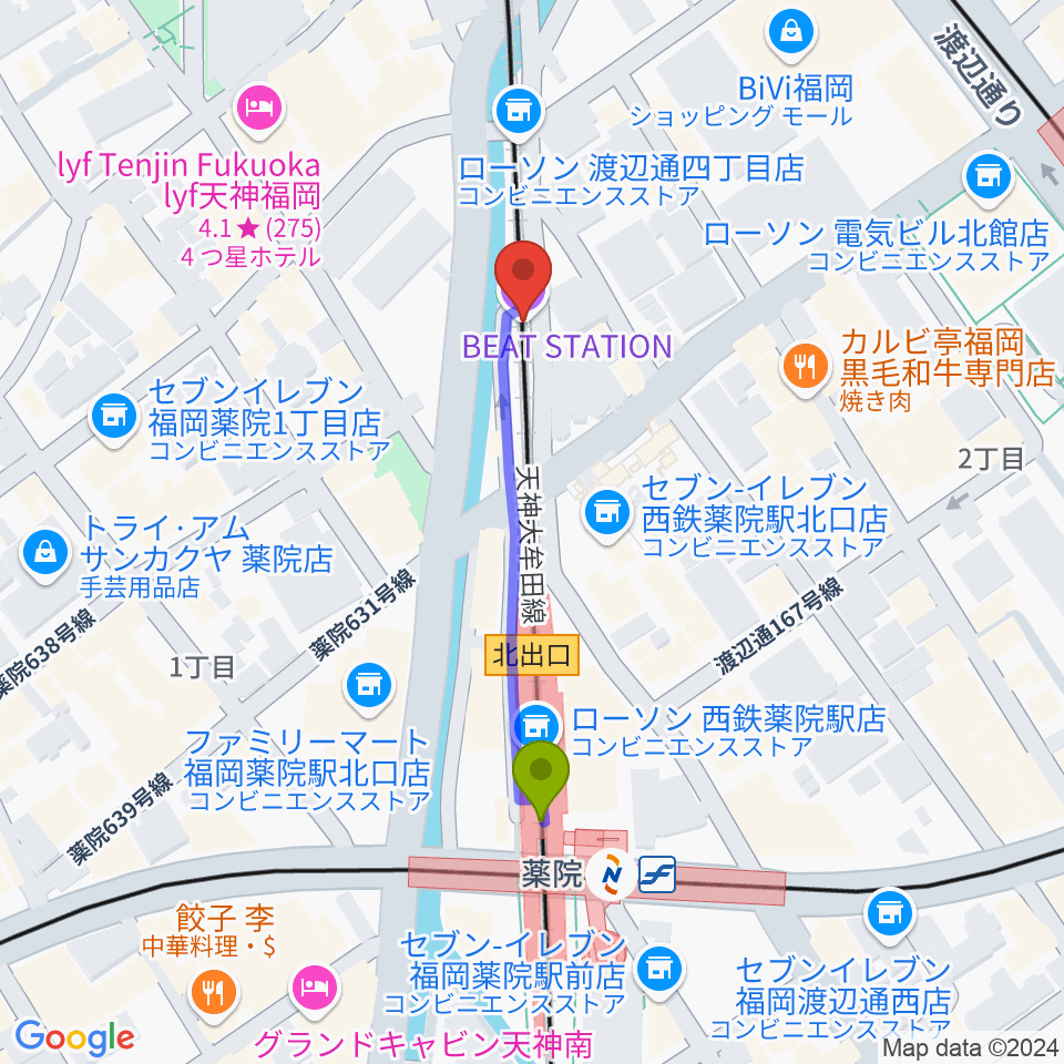 福岡薬院ビートステーションの最寄駅薬院駅からの徒歩ルート（約4分）地図