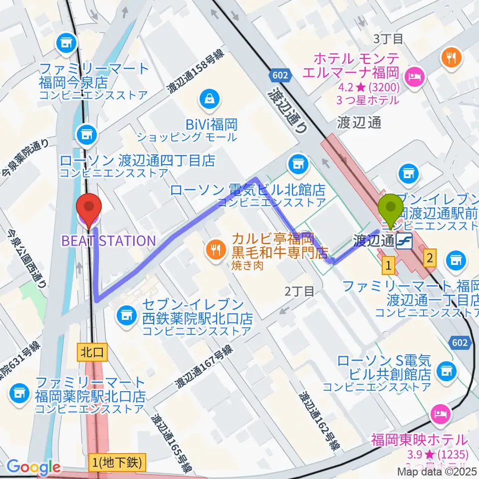 渡辺通駅から福岡薬院ビートステーションへのルートマップ地図