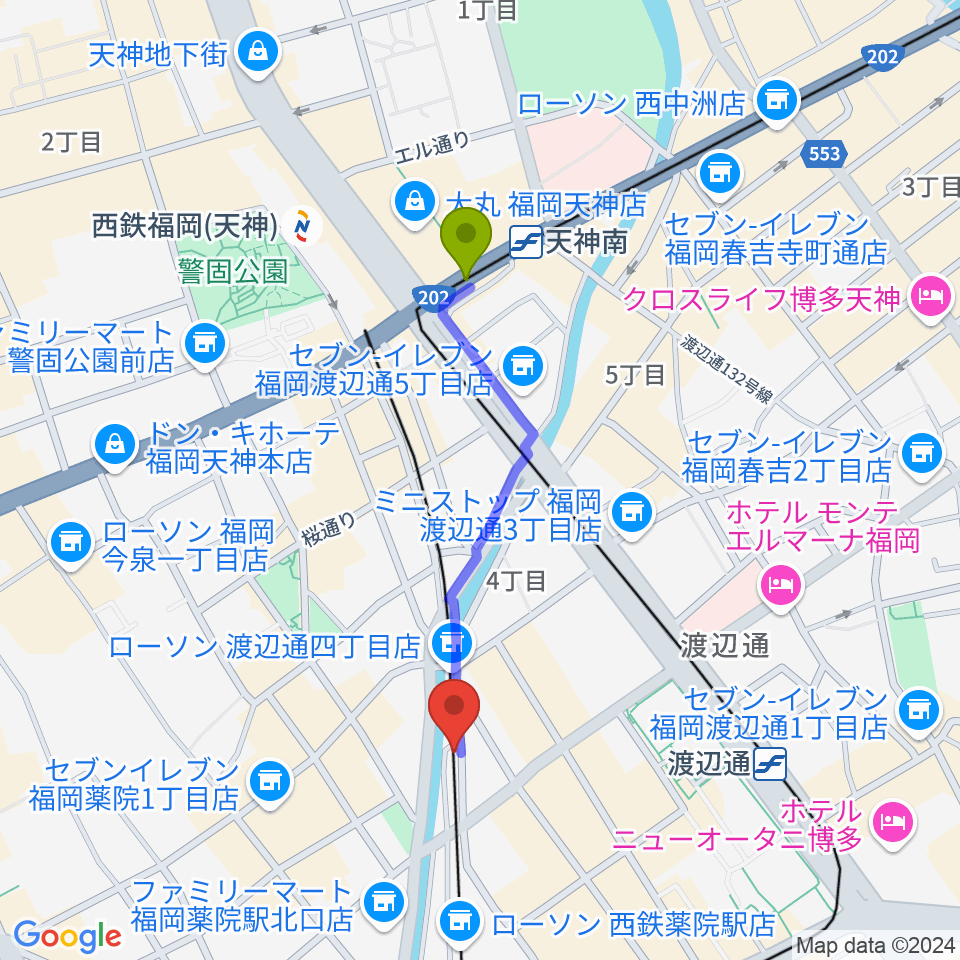 天神南駅から福岡薬院ビートステーションへのルートマップ地図