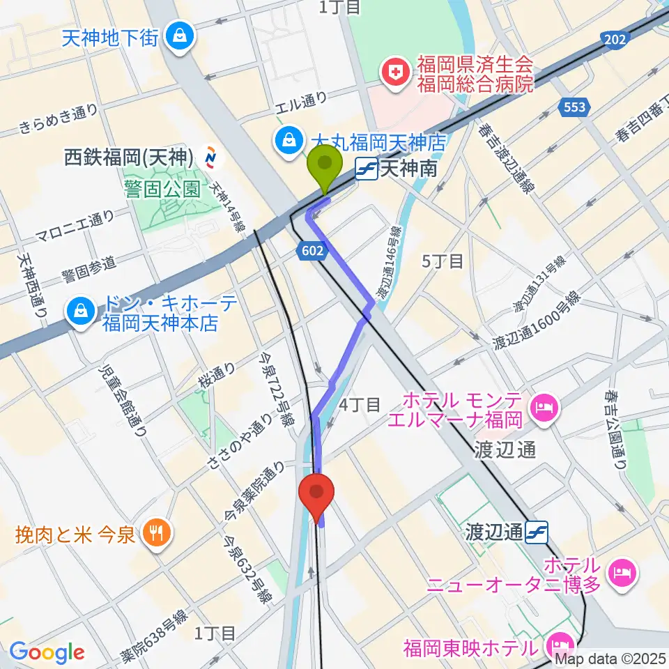 天神南駅から福岡薬院ビートステーションへのルートマップ地図