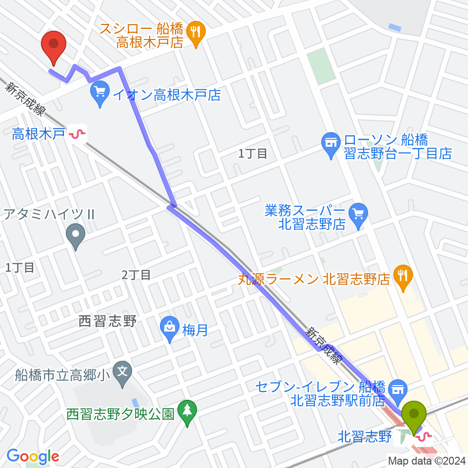 北習志野駅からスタジオハイブリッジへのルートマップ地図