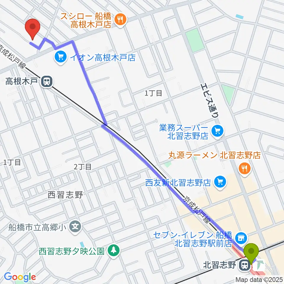 北習志野駅からスタジオハイブリッジへのルートマップ地図