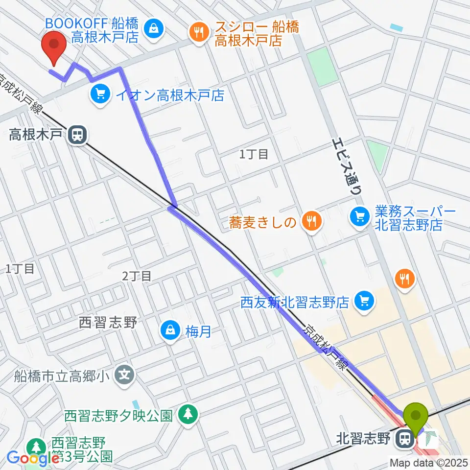 北習志野駅からスタジオハイブリッジへのルートマップ地図