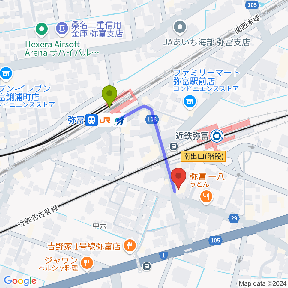 ポワンポワンスタジオ弥富校の最寄駅弥富駅からの徒歩ルート（約3分）地図