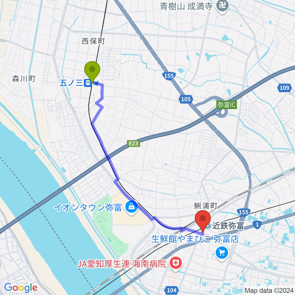 五ノ三駅からポワンポワンスタジオ弥富校へのルートマップ地図