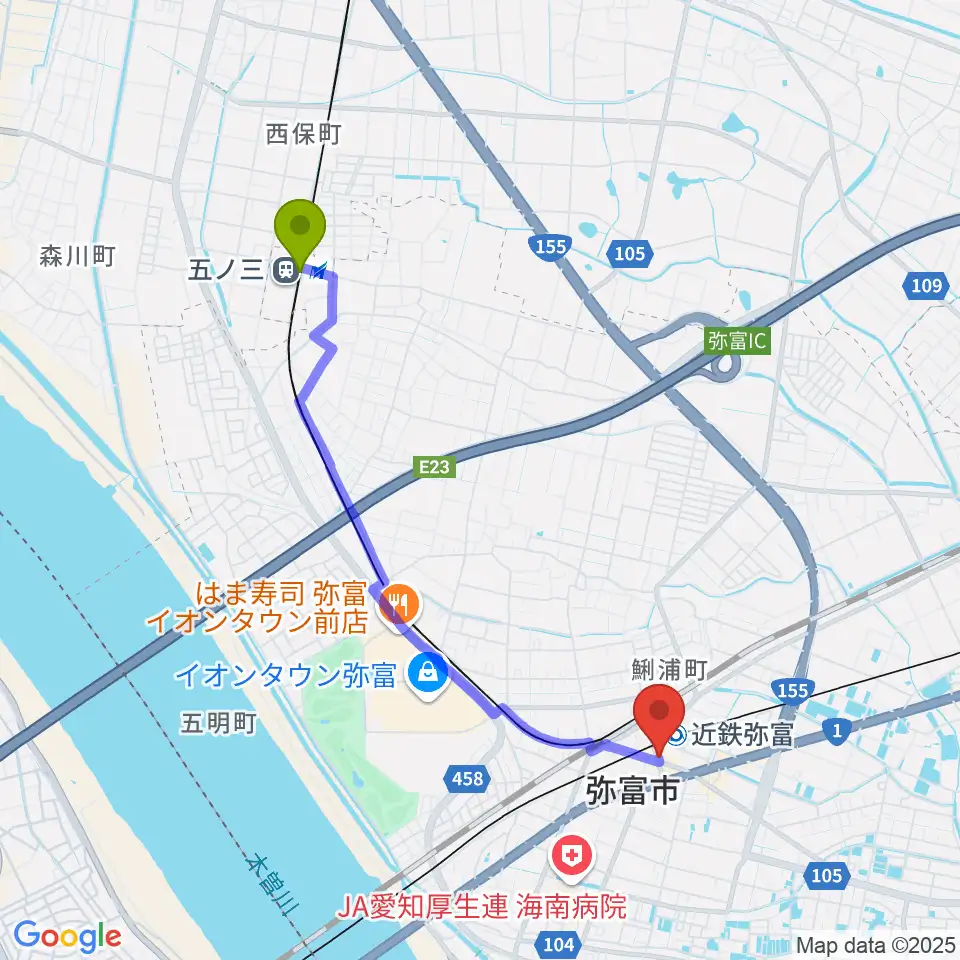 五ノ三駅からポワンポワンスタジオ弥富校へのルートマップ地図