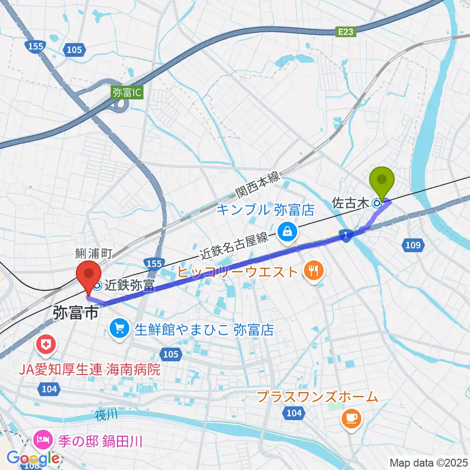 佐古木駅からポワンポワンスタジオ弥富校へのルートマップ地図