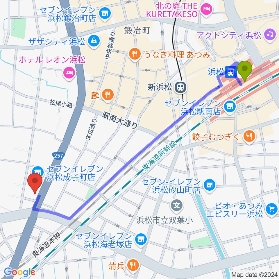 浜松ズート・ホーン・ロロの最寄駅浜松駅からの徒歩ルート（約13分）地図