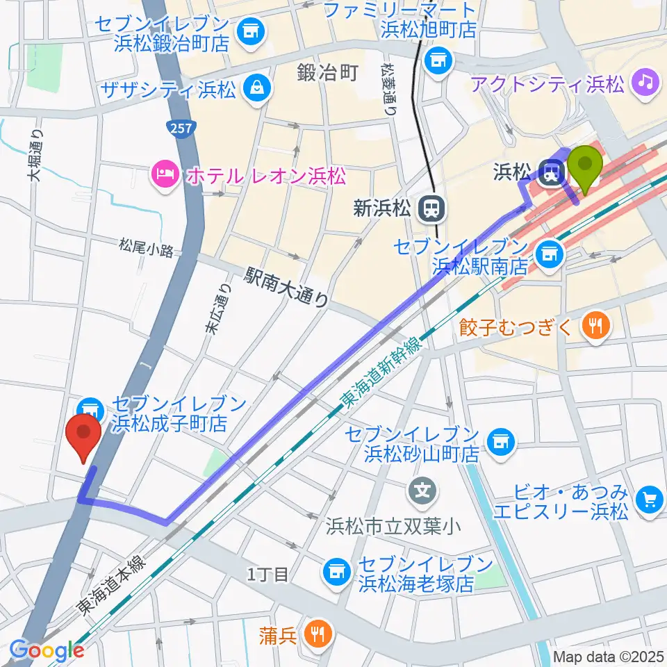 浜松ズート・ホーン・ロロの最寄駅浜松駅からの徒歩ルート（約13分）地図