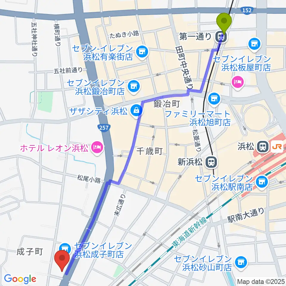 第一通り駅から浜松ズート・ホーン・ロロへのルートマップ地図