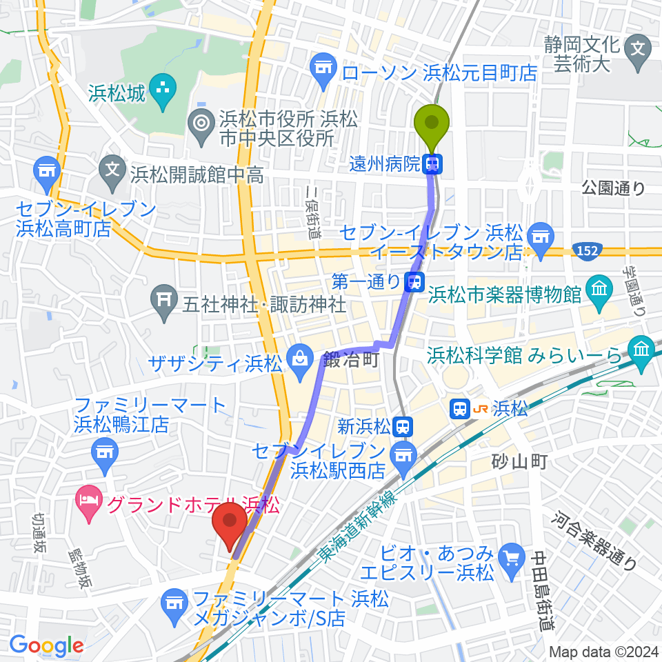 遠州病院駅から浜松ズート・ホーン・ロロへのルートマップ地図