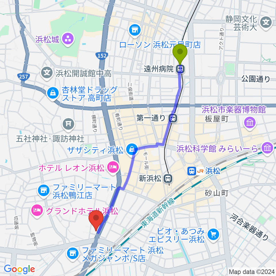 遠州病院駅から浜松ズート・ホーン・ロロへのルートマップ地図