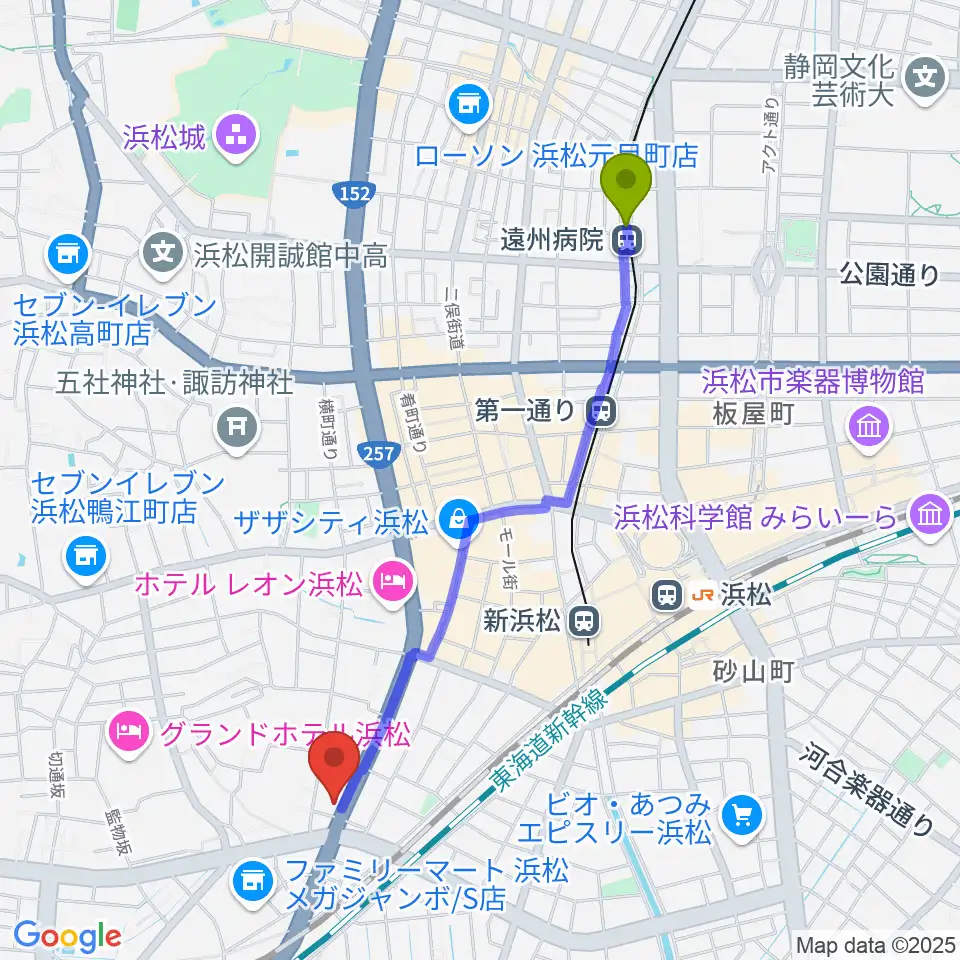 遠州病院駅から浜松ズート・ホーン・ロロへのルートマップ地図