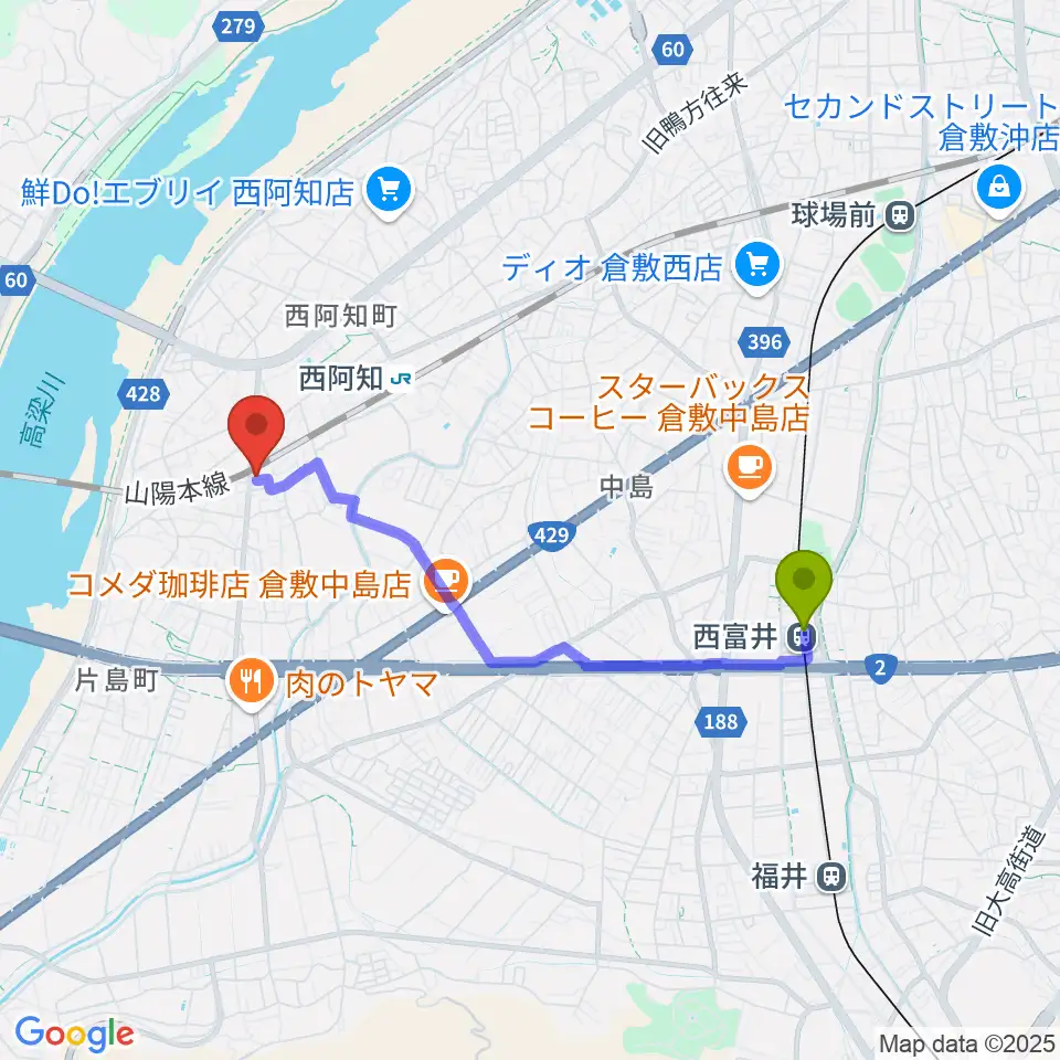 西富井駅からCROWD SURFへのルートマップ地図