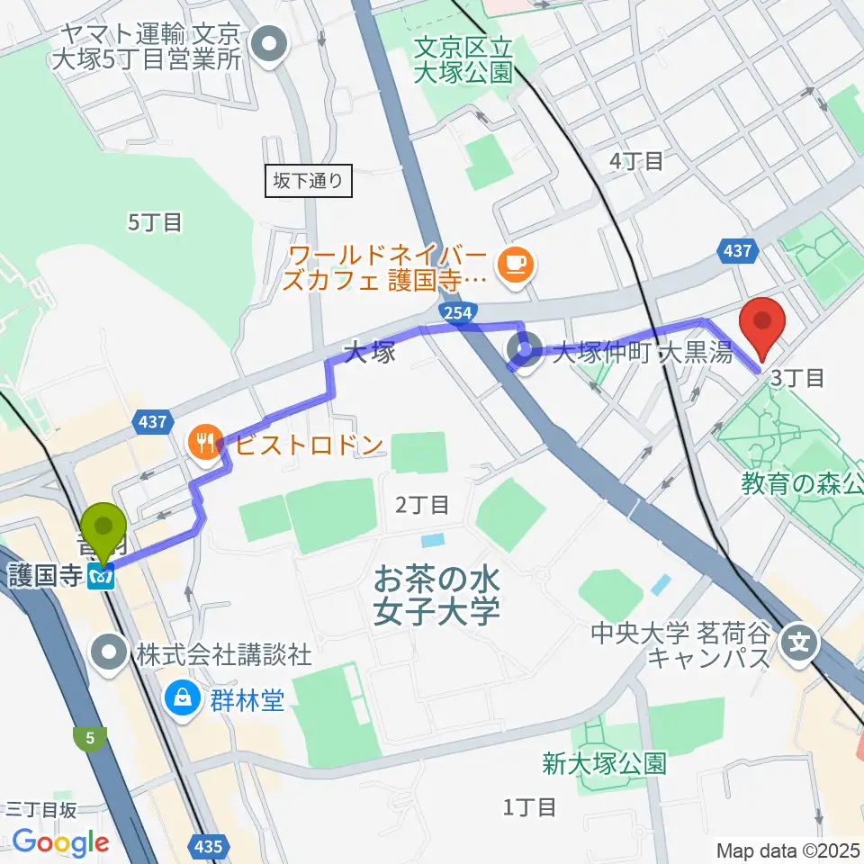 護国寺駅から茗荷谷ラ・リールへのルートマップ地図