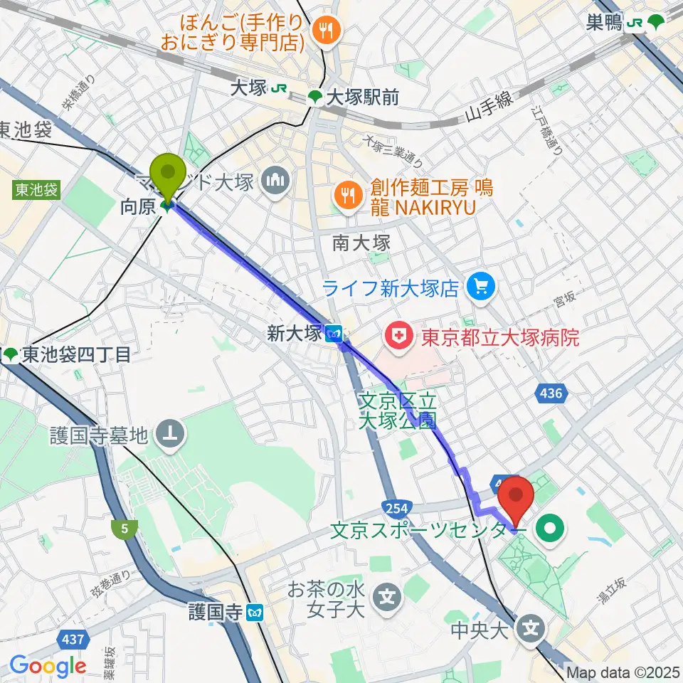 向原駅から茗荷谷ラ・リールへのルートマップ地図